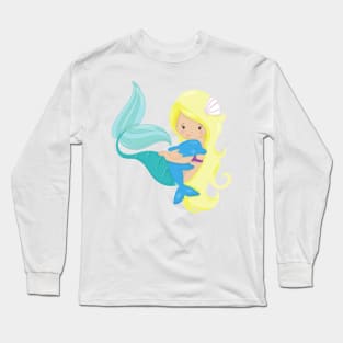 Cute Mermaid, Little Mermaid, Blonde Hair, Dolphin Long Sleeve T-Shirt